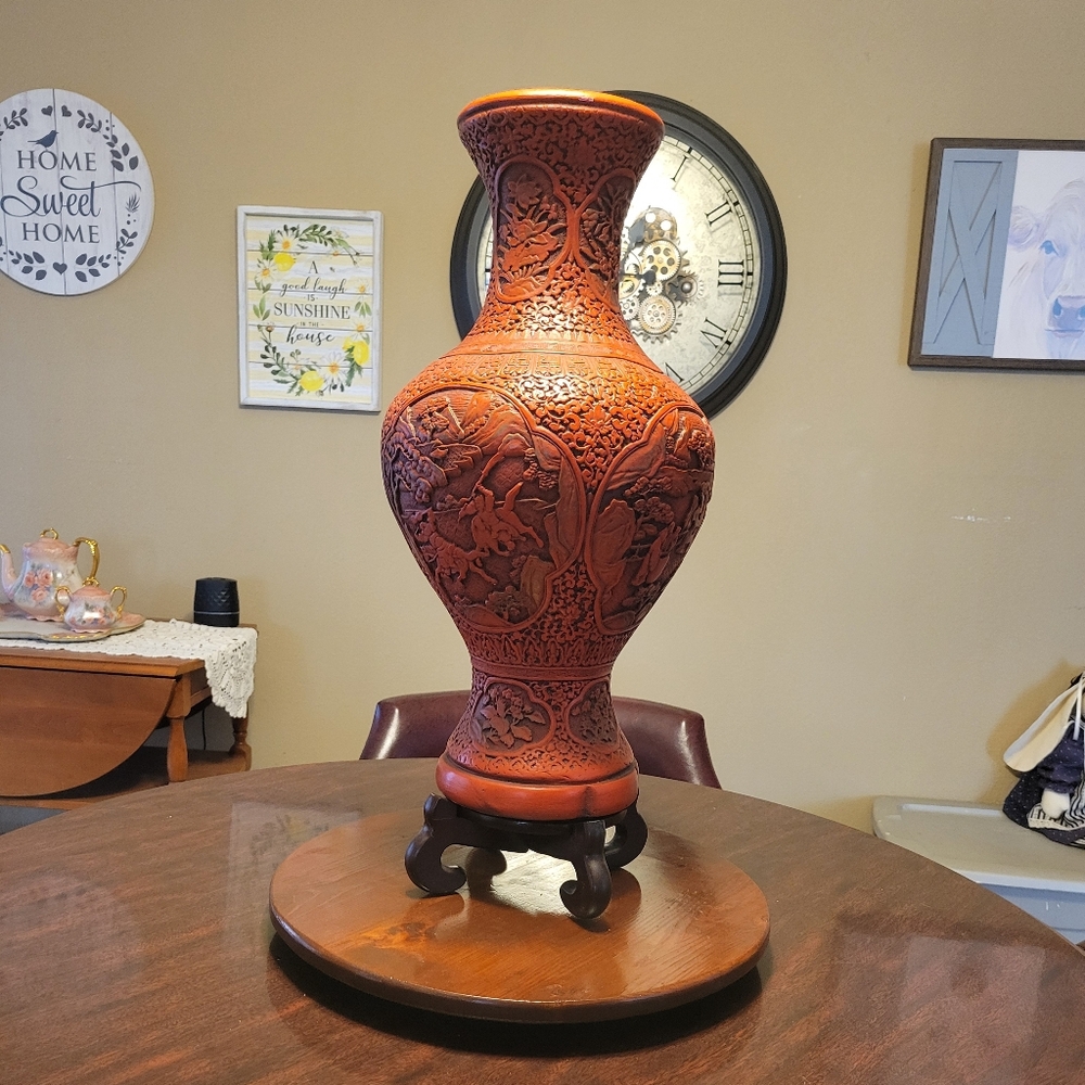 21" Vintage Marwal Cinnabar Style Relief Vase Hollywood Regency w/ Stand